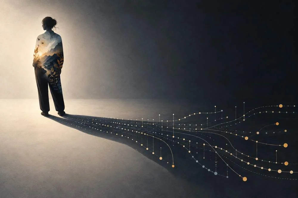 A figure whose shadow branches into a network of data points, representing behavioral prediction without inner understanding