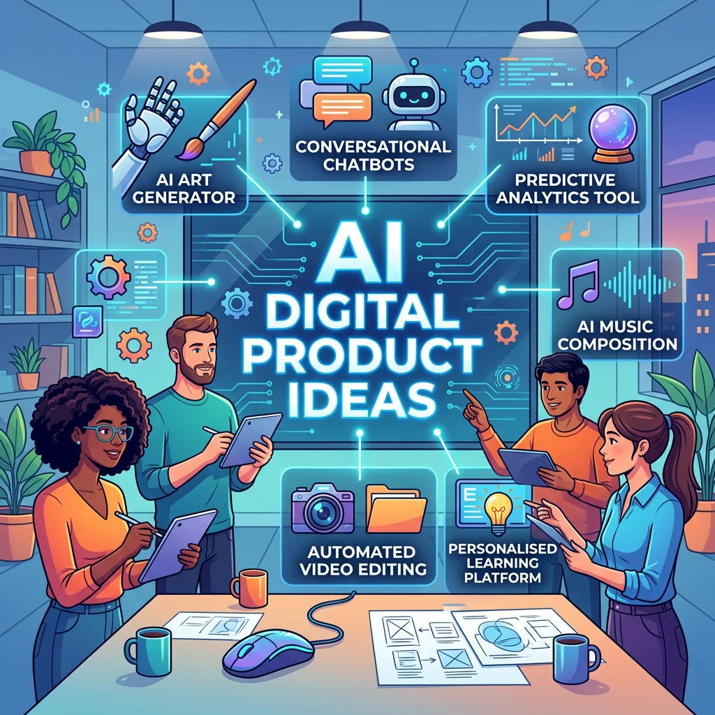 Infographic text: AI DIGITAL PRODUCT IDEAS; AI ART GENERATOR; CONVERSATIONAL CHATBOTS; PREDICTIVE ANALYTICS TOOL; AI MUSIC COMPOSITION; AUTOMATED VIDEO EDITING; PERSONALISED LEARNING PLATFORM.