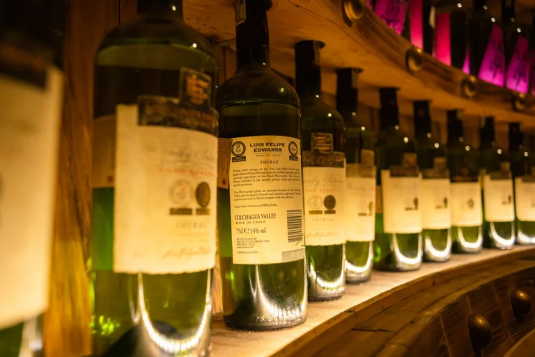 Row of wine bottles in a warmly lit wine cellar, showcasing labels and ambiance.
