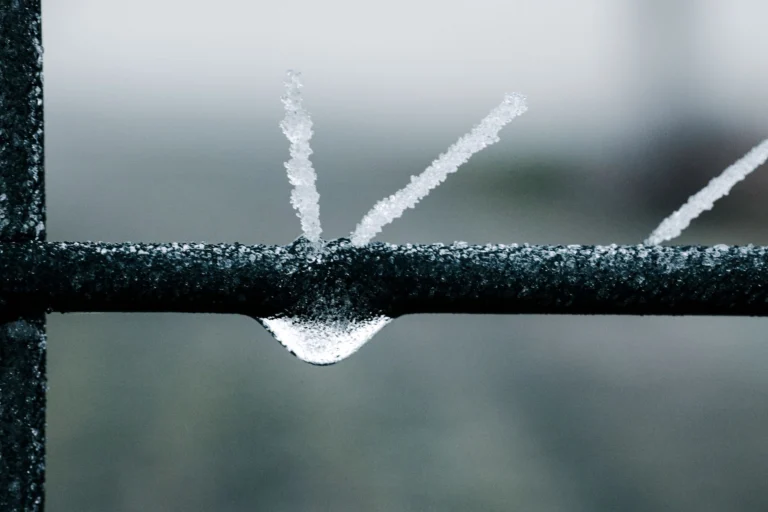 Close-up of ice crystals forming on a metal fence in winter, Andernach.