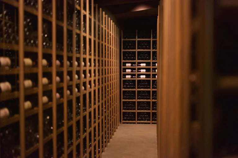 Discover an elegant wine cellar display with rows of wine bottles in Pauillac, France.