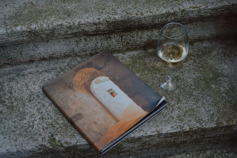 A photo book and wine glass on weathered stone steps create a rustic charm.