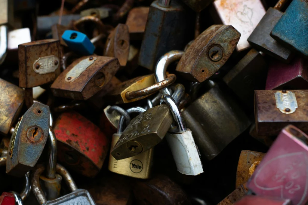 A collection of assorted rusty padlocks, displaying a blend of colors and textures.
