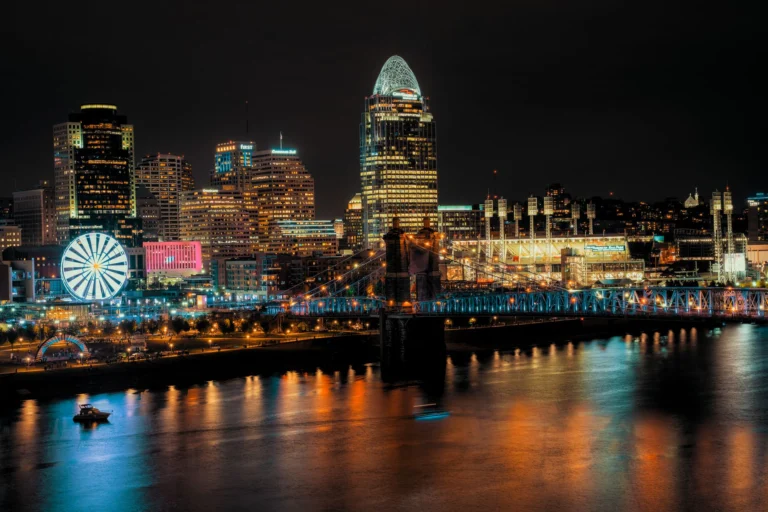 Skyline of illuminated megapolis seafront with glowing skyscrapers and Ferris wheel reflecting in flowing river at night