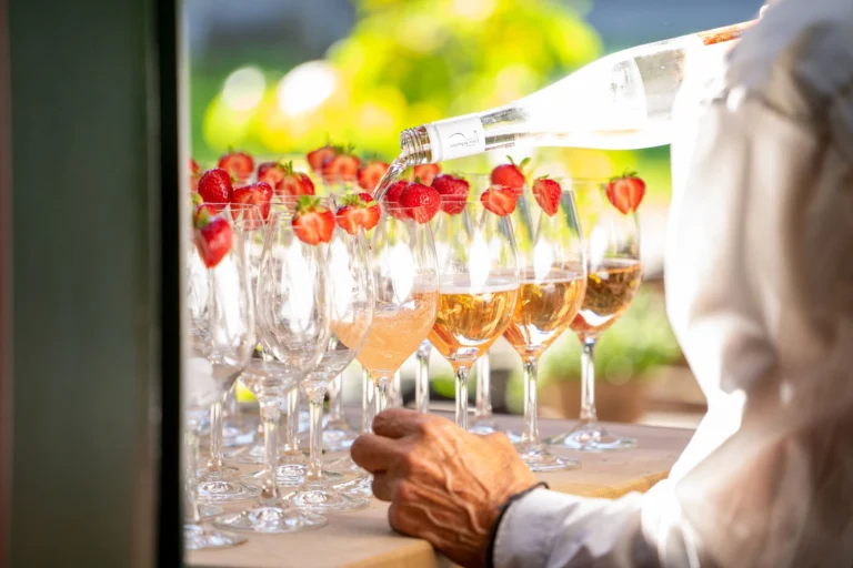 Elegant glasses of rosé wine with fresh strawberries in an outdoor setting.