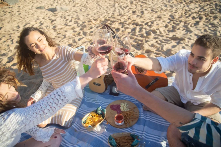 Group of friends enjoying a beach picnic in Portugal, toasting with wine glasses, creating joyful memories.